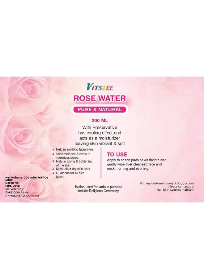 VITSZEE Rose Water 200 ml Natural Hydrating Mist for Face, Hair, and Body - Pure and Refreshing - Unlock Your Skin's Radiance