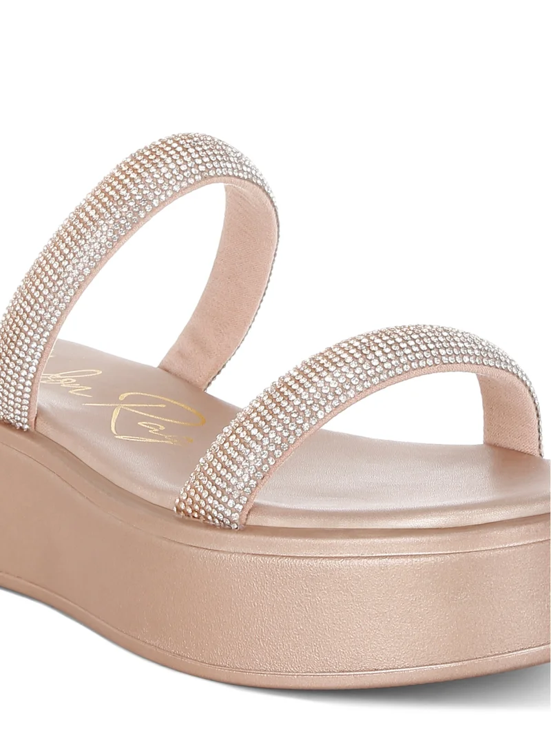 London Rag Chunky Rhinestone Platform Sandals in Rose Gold