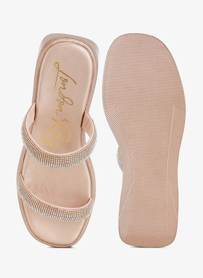 London Rag Chunky Rhinestone Platform Sandals in Rose Gold
