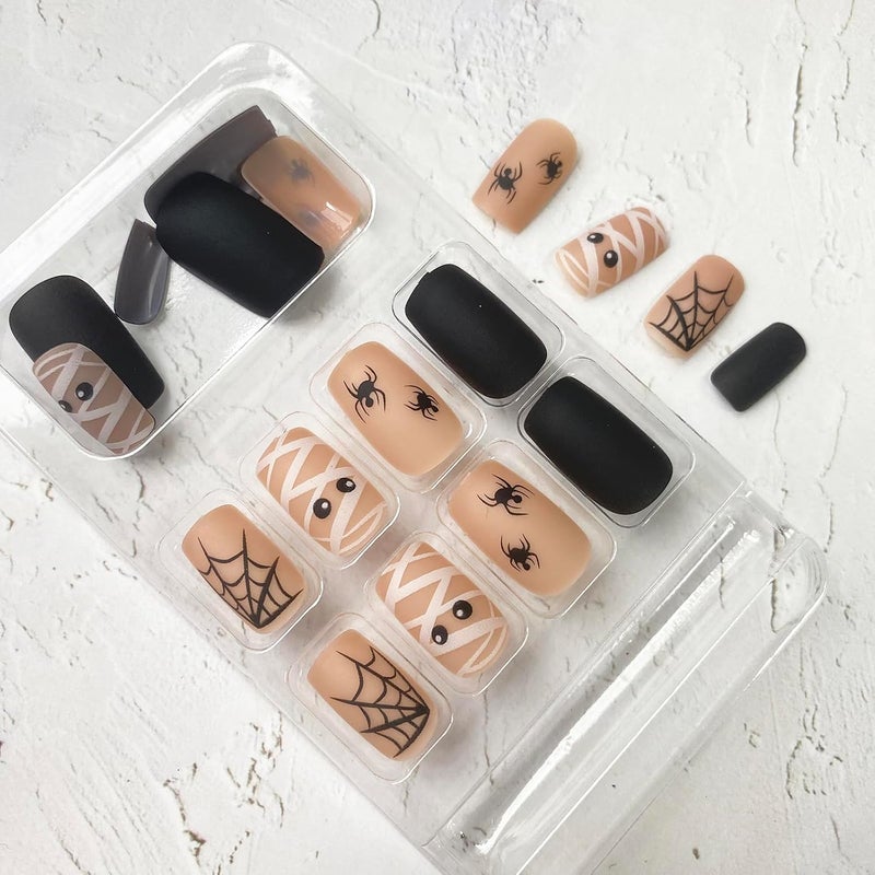 WULIUFLY Experience optimized build Halloween Press on Nails Short Square Fake Nails with Spiders Web Designs False Nails Black Glue on Nails Full Cover Acrylic Nails Short Halloween Stick on Nails for Women Decoration Manicure Transparent body - Image 3