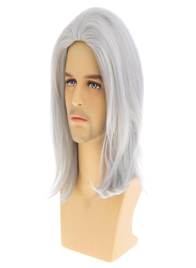 Dsimeig Mens Grey White Wig Medium Long Straight Synthetic Natural Cosplay Halloween Costume Party Wig,16inch - Image 3