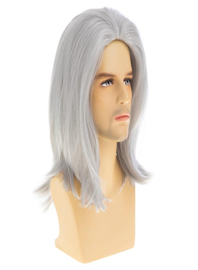 Dsimeig Mens Grey White Wig Medium Long Straight Synthetic Natural Cosplay Halloween Costume Party Wig,16inch - Image 4
