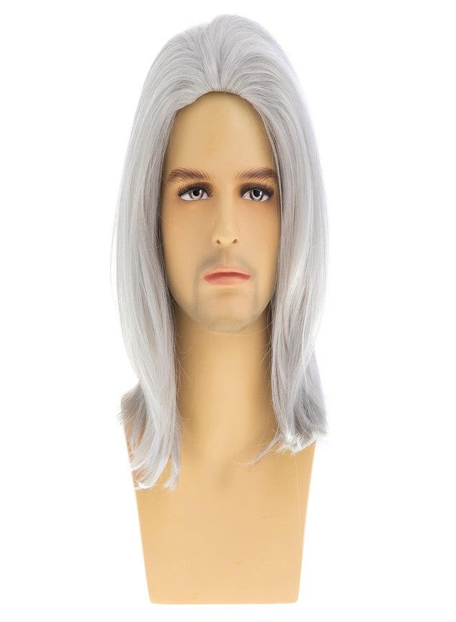Dsimeig Mens Grey White Wig Medium Long Straight Synthetic Natural Cosplay Halloween Costume Party Wig,16inch - Image 2