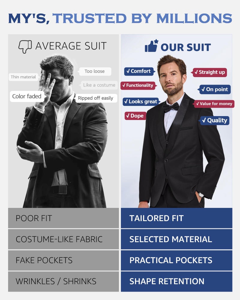 MYS MY'S Mens 3 Piece Tuxedo Set with Bow Tie, Shawl Lapel One Button Jacket Vest & Pants, Slim Fit Suit Prom Party Wedding Tux, Black - Image 5