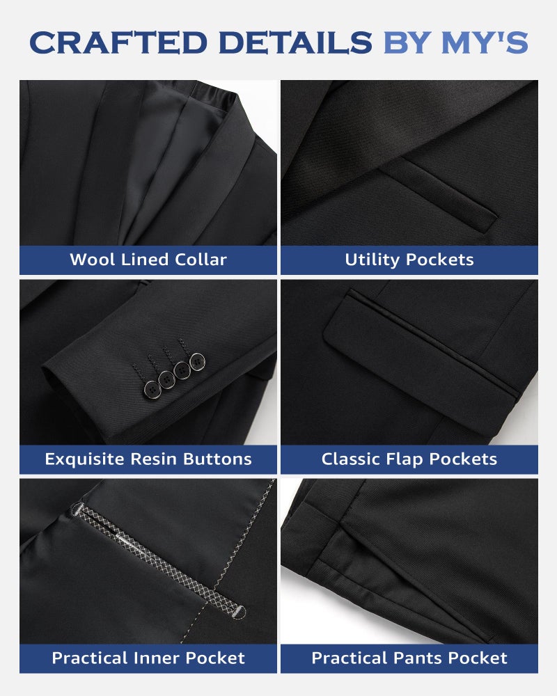 MYS MY'S Mens 3 Piece Tuxedo Set with Bow Tie, Shawl Lapel One Button Jacket Vest & Pants, Slim Fit Suit Prom Party Wedding Tux, Black - Image 3