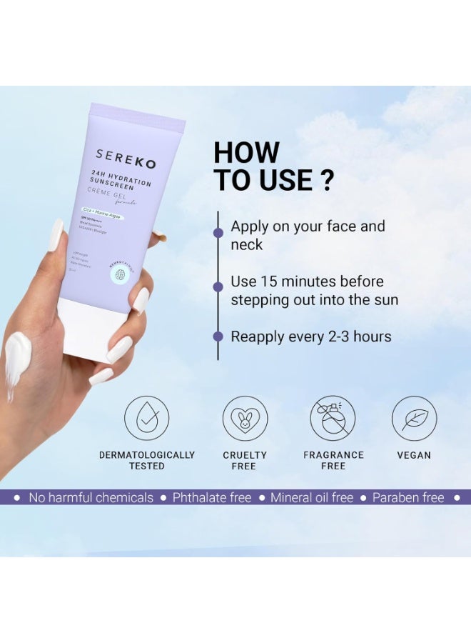 SEREKO  24H Hydration Sunscreen SPF 50 PA++++ Crème Gel | Zero White Cast, Blue Light + UVA/UVB Protection | Quick Absorbing, Non-Greasy, 24H Hydration | For Men & Women | All Skin Types – 50 ml (Pack of 2) - Image 3
