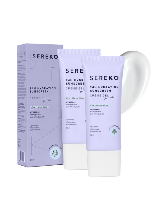 SEREKO  24H Hydration Sunscreen SPF 50 PA++++ Crème Gel | Zero White Cast, Blue Light + UVA/UVB Protection | Quick Absorbing, Non-Greasy, 24H Hydration | For Men & Women | All Skin Types – 50 ml (Pack of 2) - Image 1