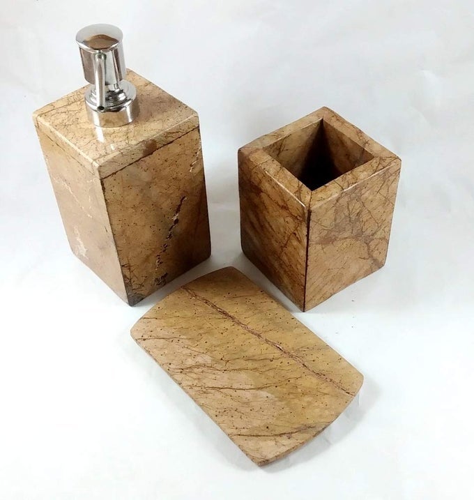 GOLDEN BROWN STONE MARBLE BATHROOM ACCESSORIES SET 3 PIECE SET WITH SOAP DISPENSER TOOTHBRUSH HOLDER HAND WASH