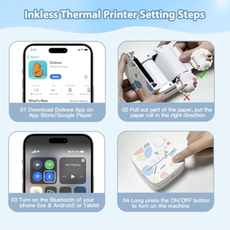 Portable sticker printer for creative kids DIY, thermal paper rolls, Bluetooth inkless printing, pocket-sized label maker in pastel blue with durable ABS plastic body - Image 4