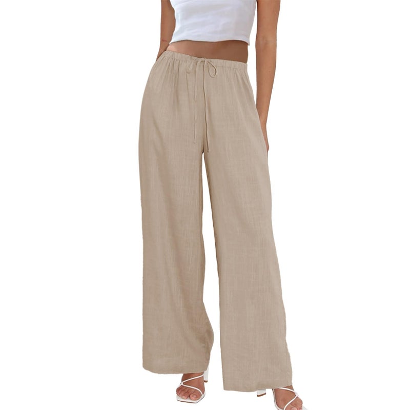 Duyang Womens Cotton Linen Palazzo Pants Drawstring Elastic Waist Casual Wide Leg Trousers with Pockets(Khaki,XL) - Image 1