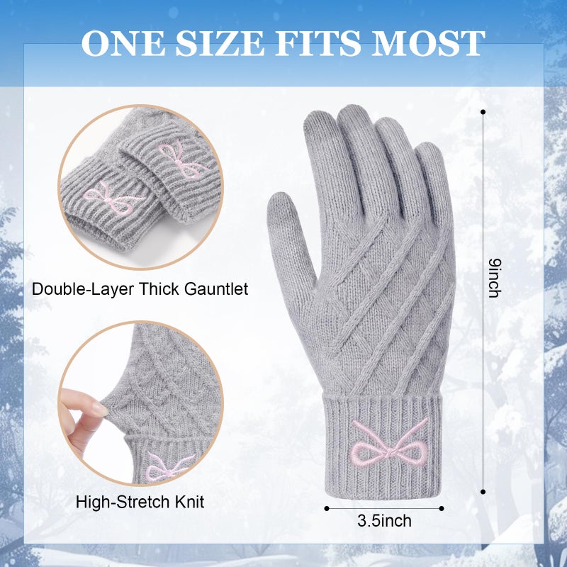 Liitrsh 2 Pairs Women Winter Gloves with Embroidery Bow Touchscreen Warm Elastic Knit Lining Gloves for Cold Weather Gift (Gray,Black) - Image 4