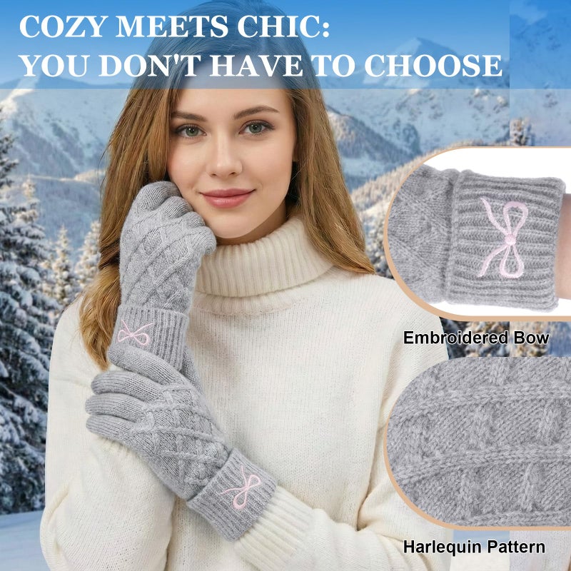Liitrsh 2 Pairs Women Winter Gloves with Embroidery Bow Touchscreen Warm Elastic Knit Lining Gloves for Cold Weather Gift (Gray,Black) - Image 3
