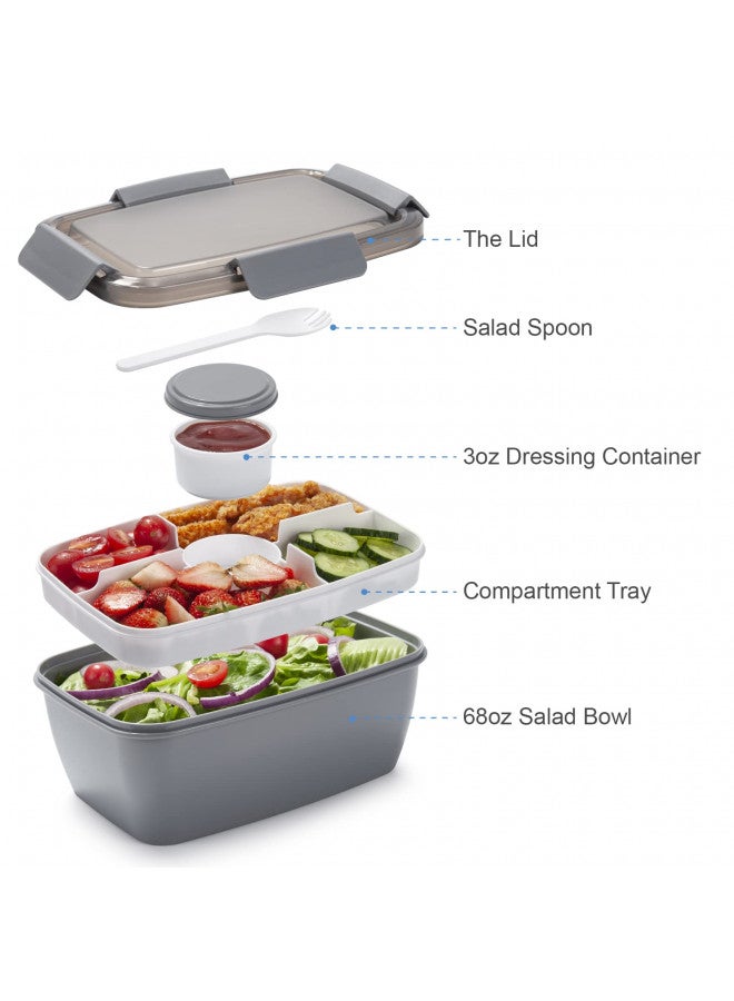 Freshmage Salad Lunch Container To Go, 68-oz Grey-XL, Leak-proof Lid, 4 Compartments, Sauce Container, Safe Material, Easy Carry - Image 1