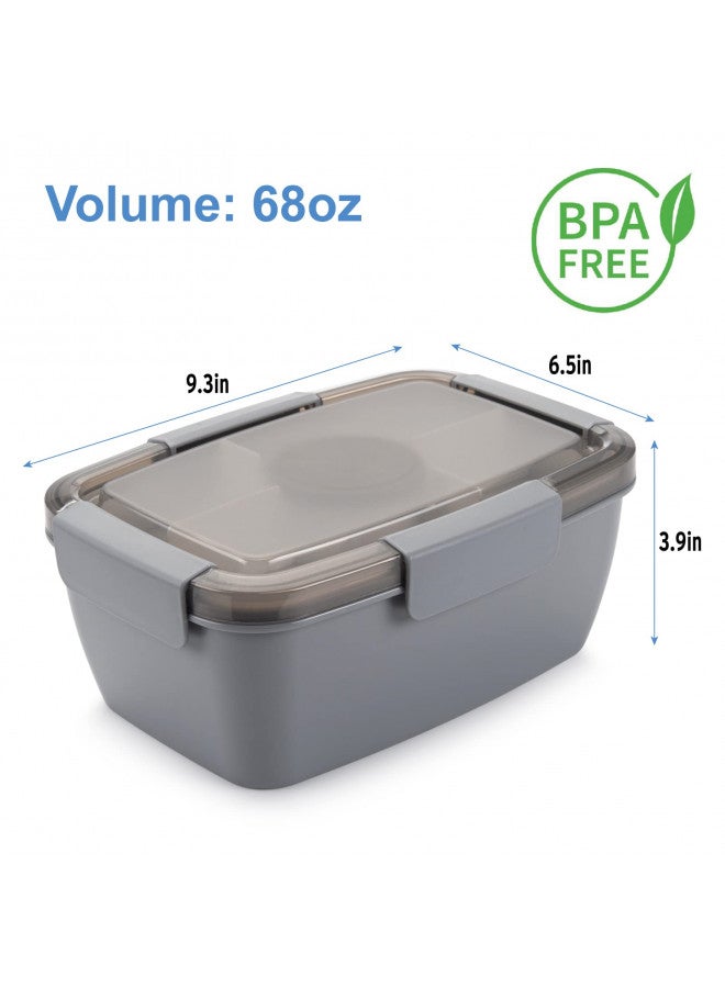 Freshmage Salad Lunch Container To Go, 68-oz Grey-XL, Leak-proof Lid, 4 Compartments, Sauce Container, Safe Material, Easy Carry - Image 4