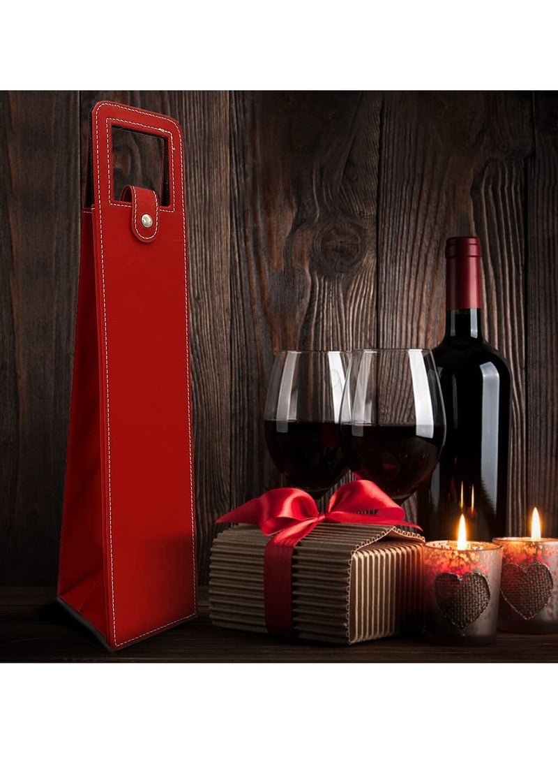 Wine Gift Bags for Single Bottle, Red Single Reusable Wine Bottle Bags with Handle, for Birthday Wedding Anniversary Red PU Leather - Image 2