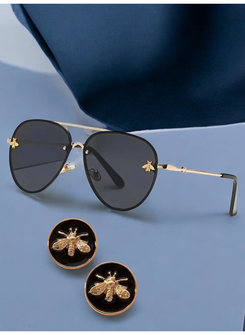 Bee Line Women's Jewellery Set Contains Sunglasses & Earrings Decorated With A Bee In High Quality And Elegant Design - Image 1