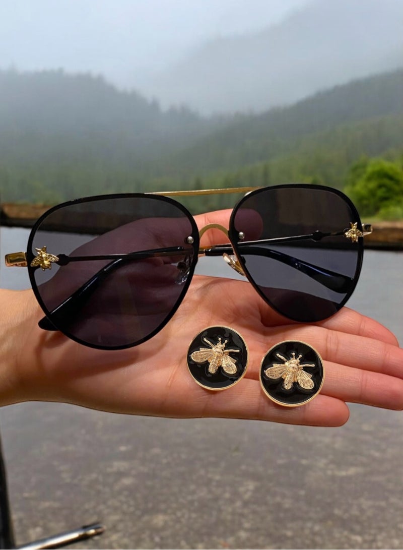Bee Line Women's Jewellery Set Contains Sunglasses & Earrings Decorated With A Bee In High Quality And Elegant Design - Image 3