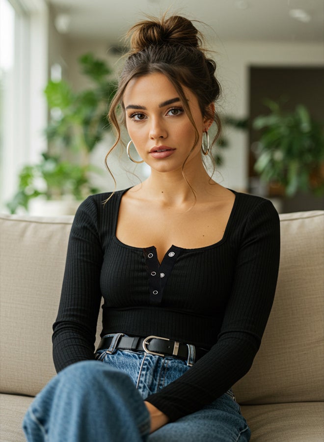 trendyol Black Snap Fastener Fitted Stretchy Knitted Blouse TWOAW25BZ00080 - Image 1