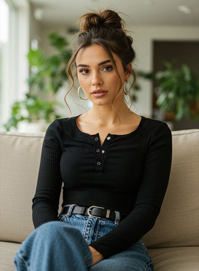 trendyol Black Snap Fastener Fitted Stretchy Knitted Blouse TWOAW25BZ00080 - Image 3