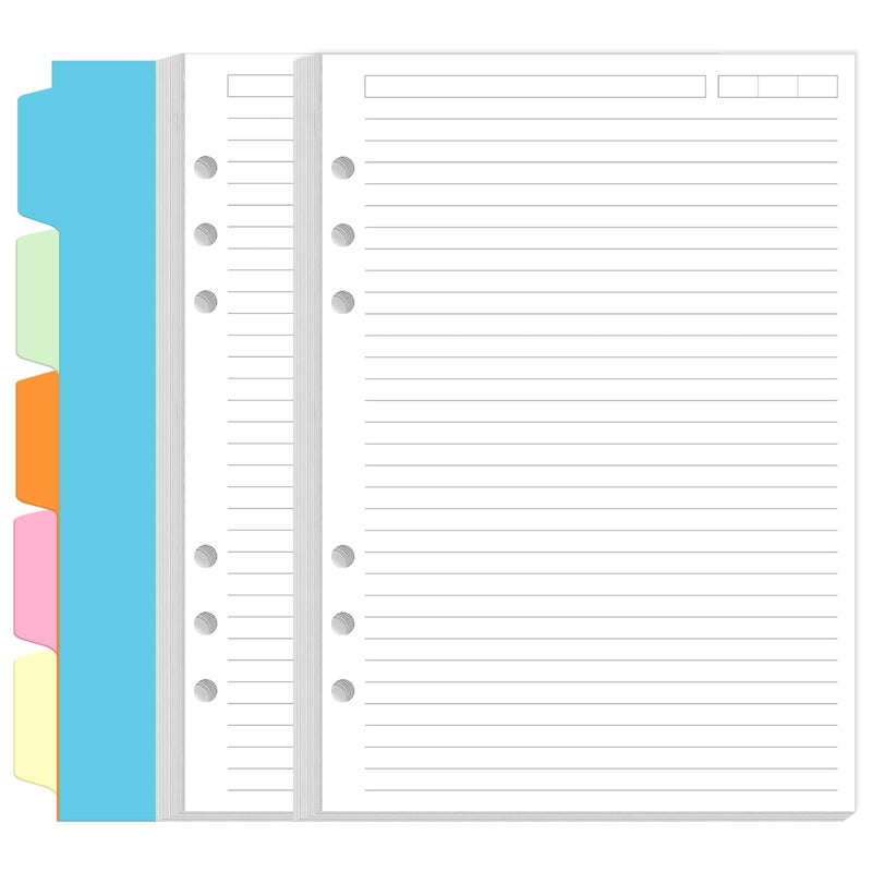 Yaridar A5 Refill Paper - 6 Hole Planner Inserts for A5 Binder, 200 Pages 6 Ring Loose Leaf Lined Paper with 5 Colorful Binder Dividers, 5.8" x 8.5" - Image 1