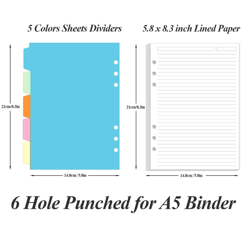 Yaridar A5 Refill Paper - 6 Hole Planner Inserts for A5 Binder, 200 Pages 6 Ring Loose Leaf Lined Paper with 5 Colorful Binder Dividers, 5.8" x 8.5" - Image 2