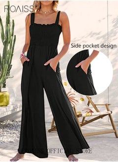 roaiss 2-Piece Women Casual Suit Lapel Neck Shirt and Sling Pleated Wide Leg Jumpsuit Candy Color Matching Waist Design Ideal for Daily Commuting Wear  - Image 2