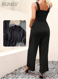 roaiss 2-Piece Women Casual Suit Lapel Neck Shirt and Sling Pleated Wide Leg Jumpsuit Candy Color Matching Waist Design Ideal for Daily Commuting Wear  - Image 3