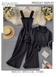 roaiss 2-Piece Women Casual Suit Lapel Neck Shirt and Sling Pleated Wide Leg Jumpsuit Candy Color Matching Waist Design Ideal for Daily Commuting Wear  - Image 1