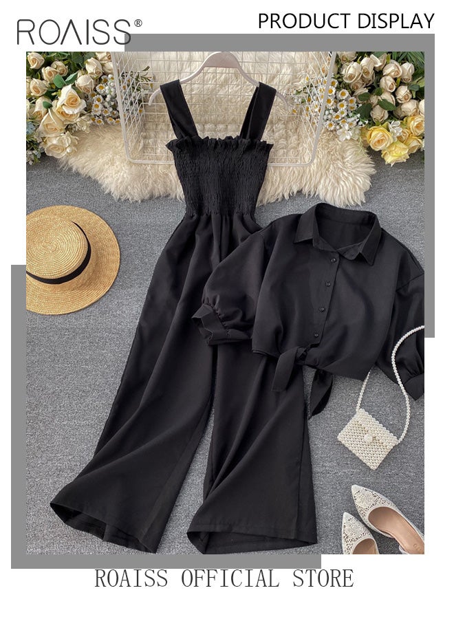 roaiss 2-Piece Women Casual Suit Lapel Neck Shirt and Sling Pleated Wide Leg Jumpsuit Candy Color Matching Waist Design Ideal for Daily Commuting Wear  - Image 2