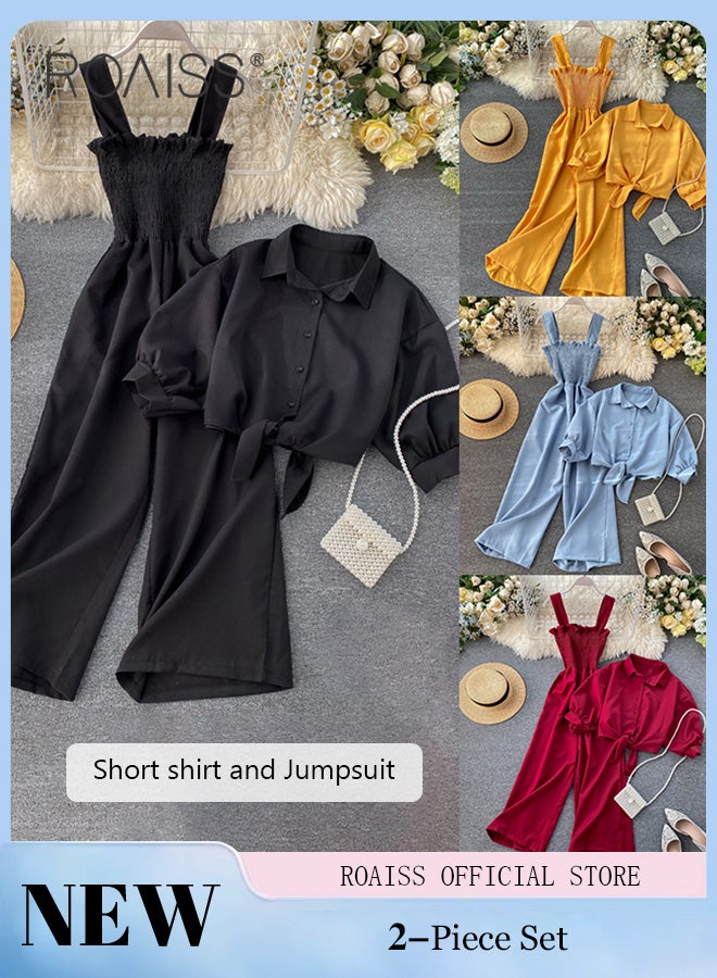 رويس بدلة نسائية كاجوال مكونة من قطعتين ورقبة على شكل طية صدر السترة وبذلة ذات ثنيات واسعة الساق بلون الحلوى وتصميم خصر مطابق مثالي للارتداء اليومي أثناء التنقل - Image 4