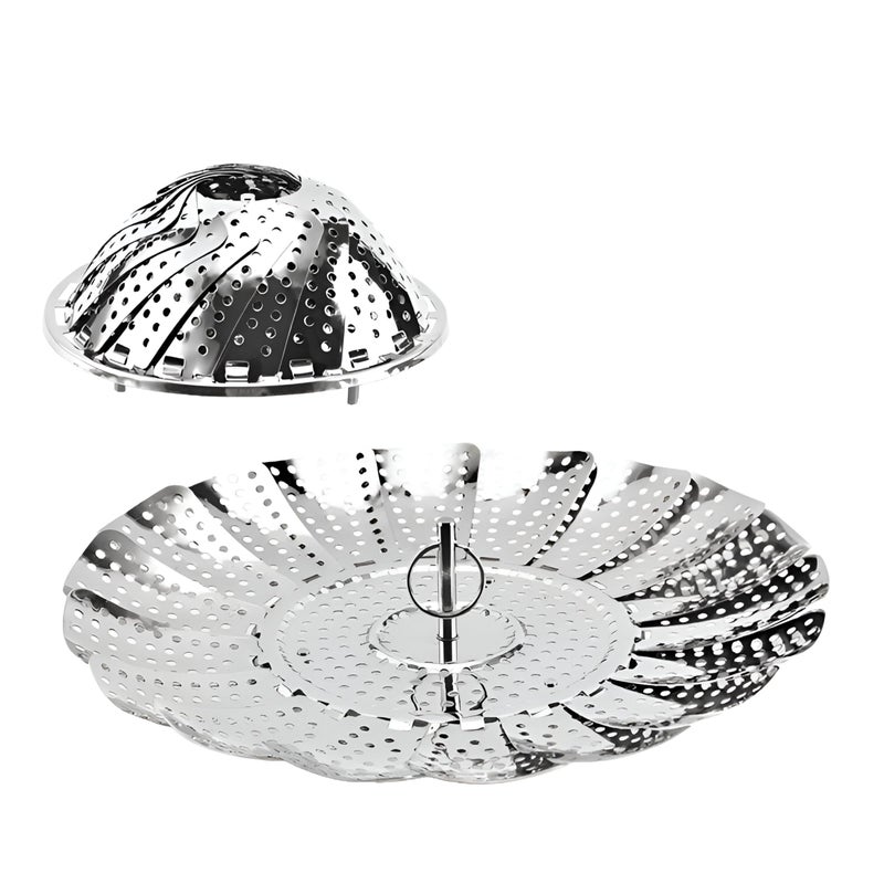 Heat-Resistant Stainless Steel Steam Quencher - Foldable, Multi-Size Drainer for Cooking Healthy Meals, Steaming Vegetables, with Silver Finish and Compact Design (piece-2) - Image 1