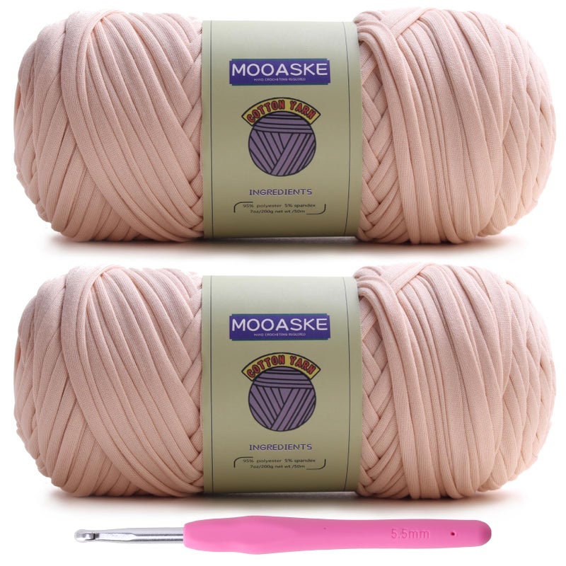Mooaske 2 Pack T-Shirt Crochet Yarn for DIY Knitting Crochet Cloth Blanket Bag Dolls - 400g Chunky Thick Yarn for Crocheting with Polyester-Spandex Blend Elastic Fabric (Beige) - Image 1