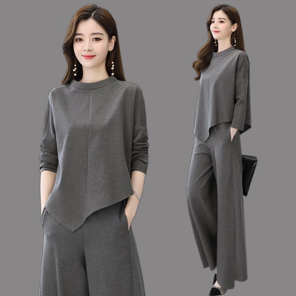 Wide-leg pants suit Spring and Autumn new womens clothing age-reducing slimming Western style casual temperament culottes two-piece suit Gray - Image 1