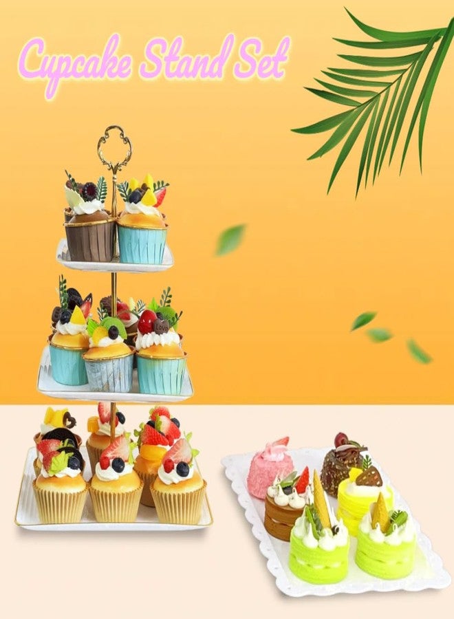 RAUVOLFIA 5 Pcs Cupcake Stand Set - White Plastic Dessert Table Display Set, 2X Square 3 Tier Cupcake Display Stand with Gold Rim & 3X Plastic Trays for Wedding Baby Shower Tea Party - Image 2
