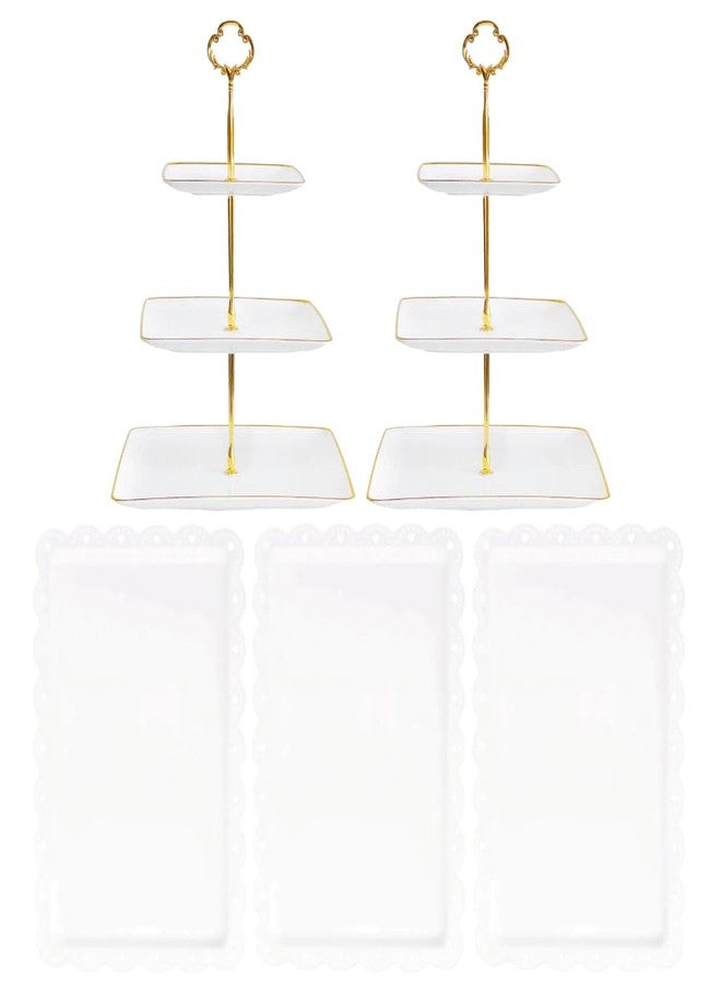 RAUVOLFIA 5 Pcs Cupcake Stand Set - White Plastic Dessert Table Display Set, 2X Square 3 Tier Cupcake Display Stand with Gold Rim & 3X Plastic Trays for Wedding Baby Shower Tea Party - Image 1