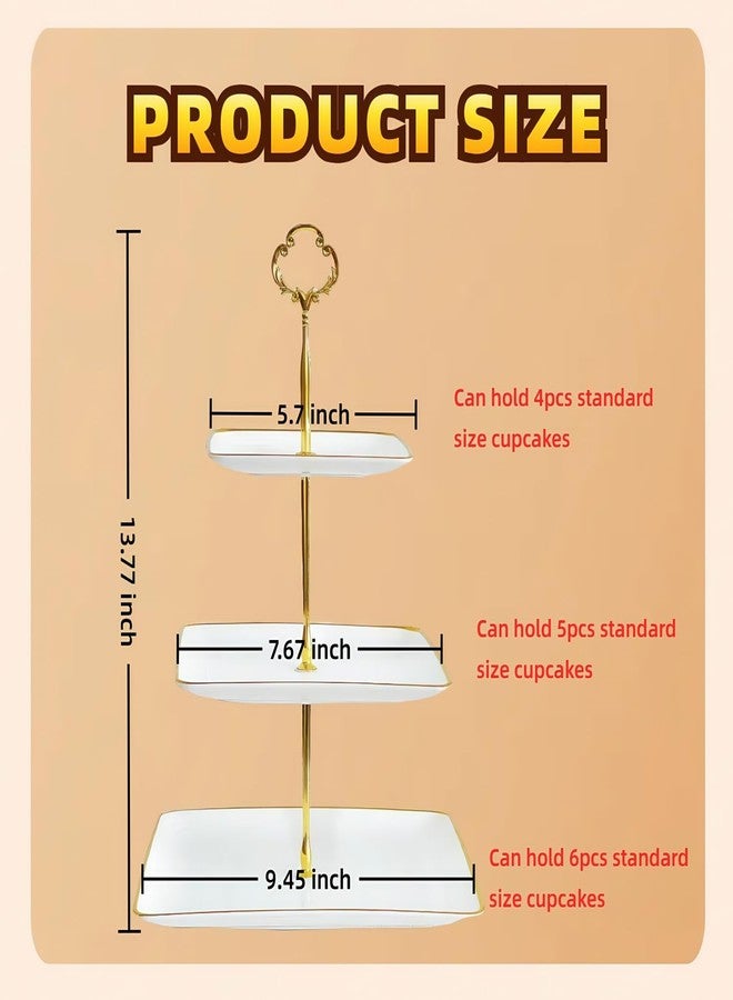 RAUVOLFIA 5 Pcs Cupcake Stand Set - White Plastic Dessert Table Display Set, 2X Square 3 Tier Cupcake Display Stand with Gold Rim & 3X Plastic Trays for Wedding Baby Shower Tea Party - Image 3
