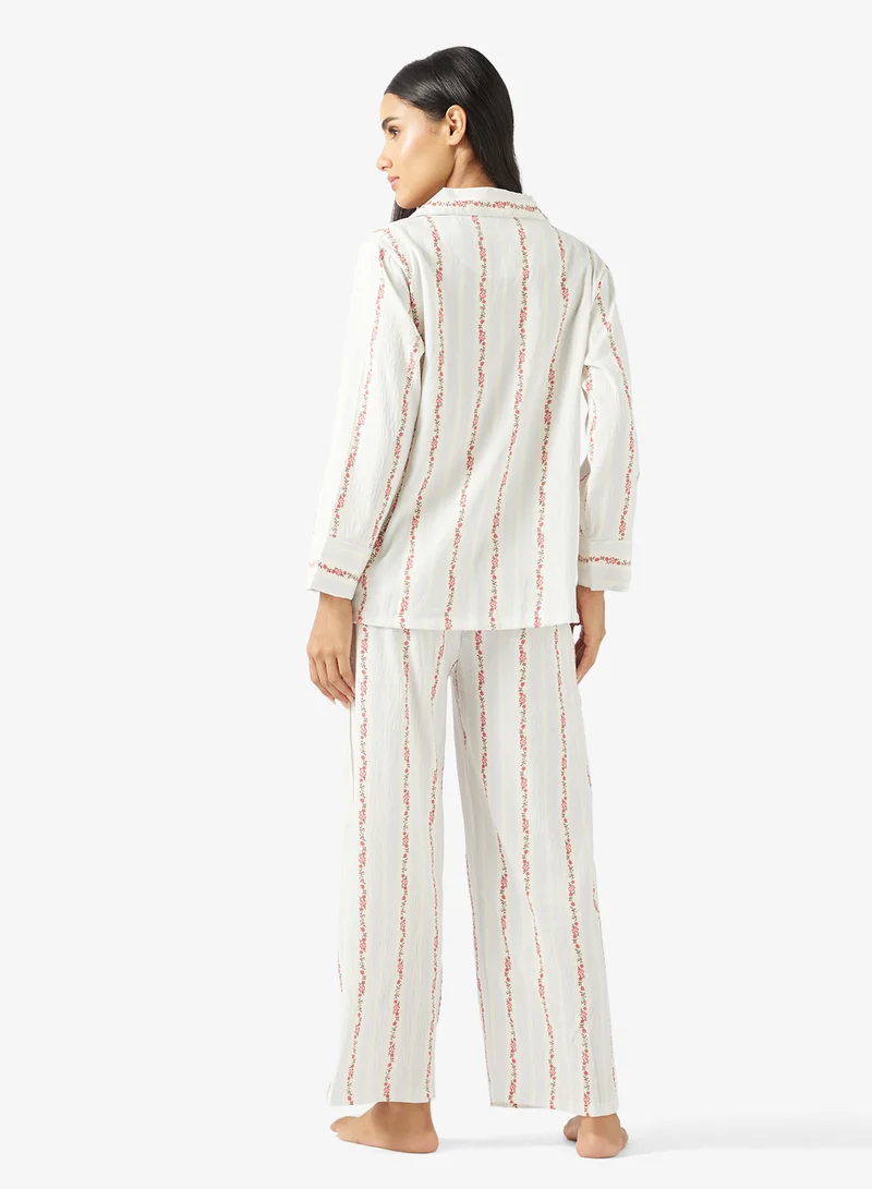 Ginger Floral Stripe Button Up Shirt & Pyjama Set
