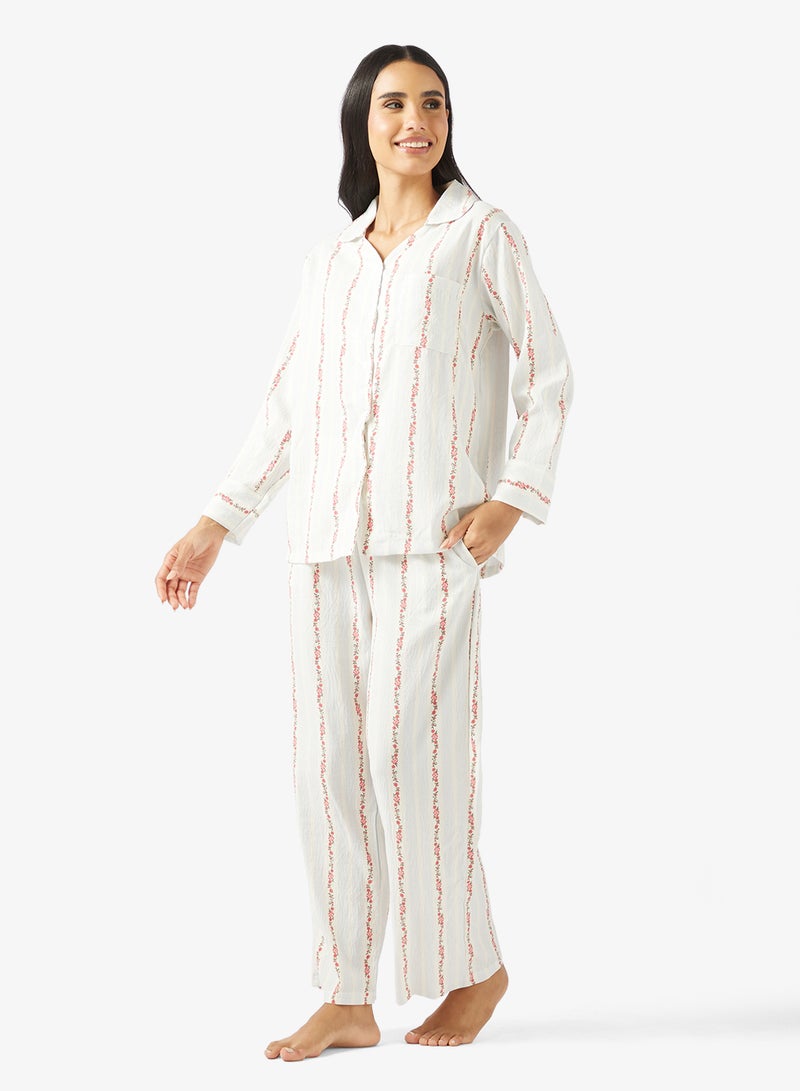 Ginger Floral Stripe Button Up Shirt & Pyjama Set - Image 1
