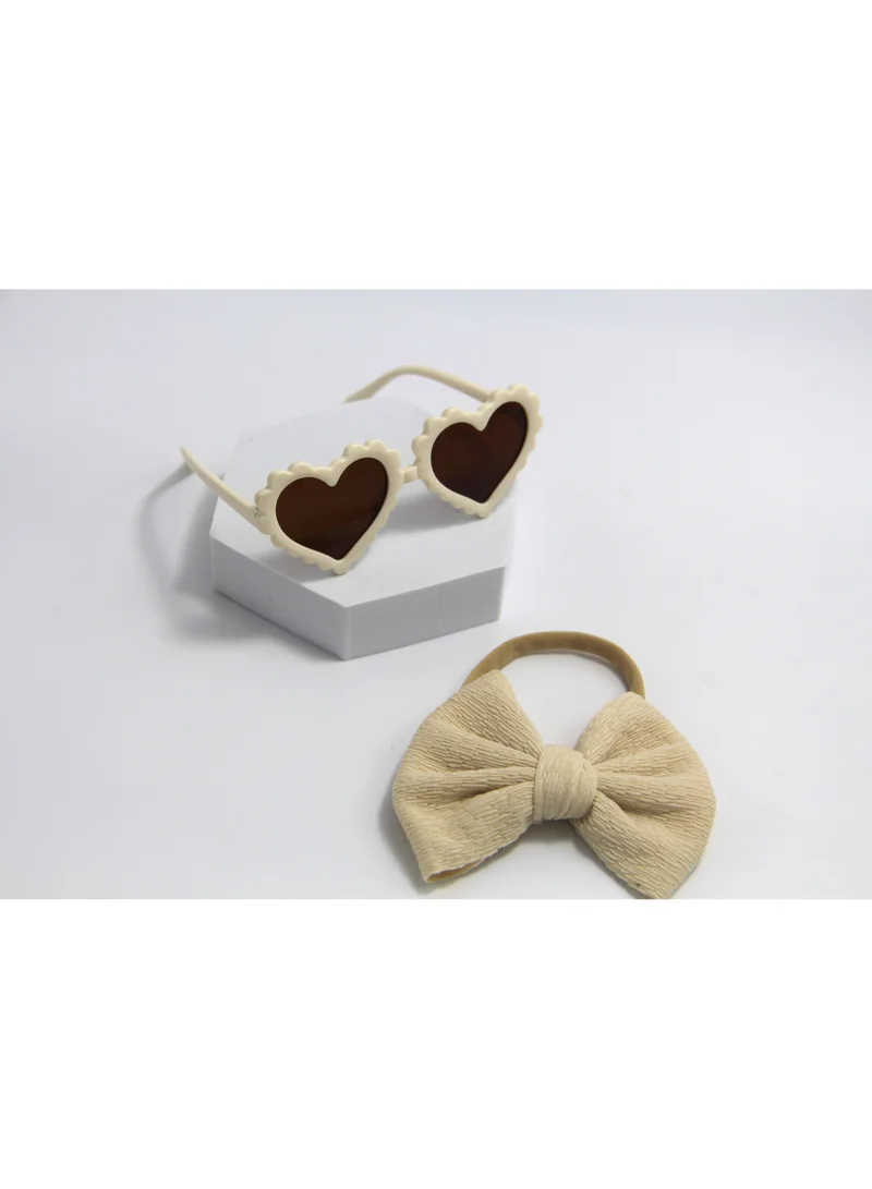 D'Daniela Aisha Glasses and Bow Barrette Ponytail Set For Babies and Girls - Cream
