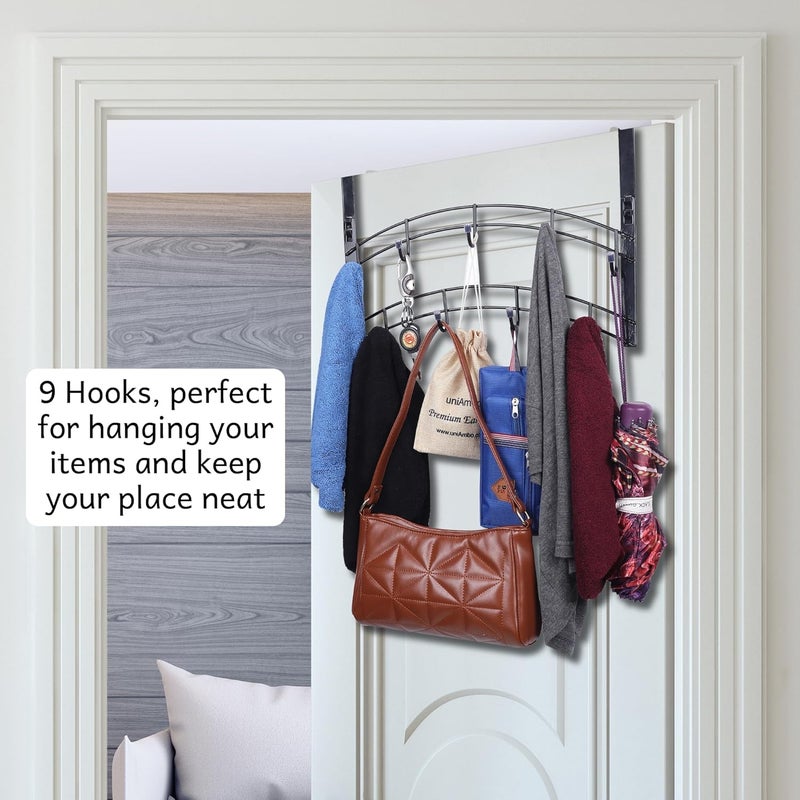 SaleOn SaleOn Metal Over Door 9 Hook Rack Organizer for Shirts Belts Hats Coats and Towels No Drill Hanger Bedroom Bathroom Kitchen Storage Solution Removable Door Hook Black - Image 4