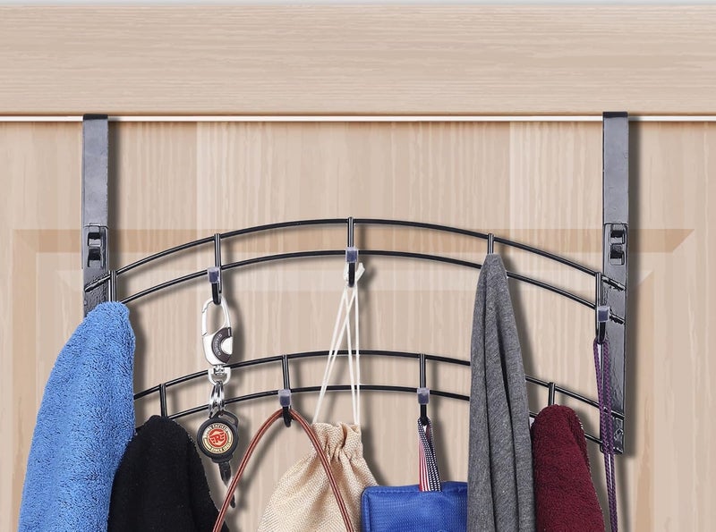 SaleOn SaleOn Metal Over Door 9 Hook Rack Organizer for Shirts Belts Hats Coats and Towels No Drill Hanger Bedroom Bathroom Kitchen Storage Solution Removable Door Hook Black - Image 3