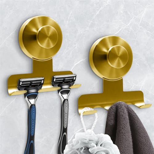 WingWider Suction Cup Razor Holder for Shower,Heavy-Duty 7KG Suction Hooks for Razor,Towel,Loofah,Removable Damage-Free Metal Shower Hook,Shaver Holder,2 Pack(Brushed Gold) - Image 1