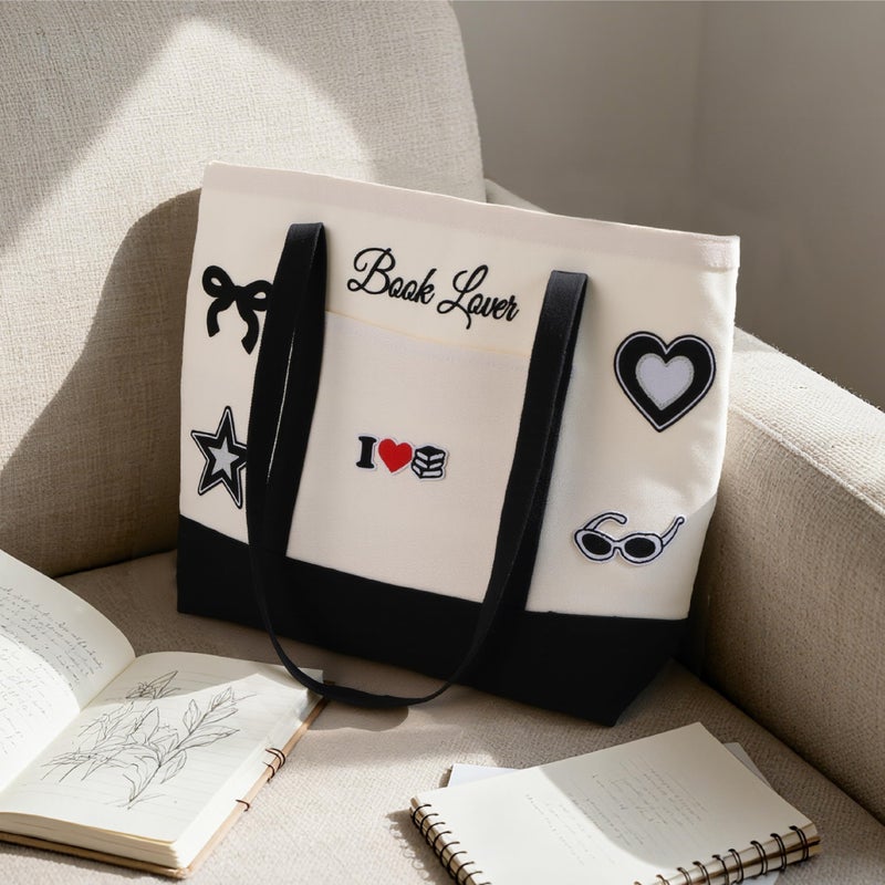 Vane Oak Canvas Tote Bag for Women, Book Lover Tote Bag with 5 Embroidery Patches Large Reusable Grocery Shopping Bag with Front Pockets DIY Your Creative Designs for Bookish Readers - Image 3