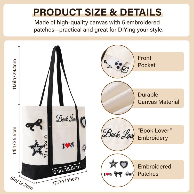 Vane Oak Canvas Tote Bag for Women, Book Lover Tote Bag with 5 Embroidery Patches Large Reusable Grocery Shopping Bag with Front Pockets DIY Your Creative Designs for Bookish Readers - Image 5
