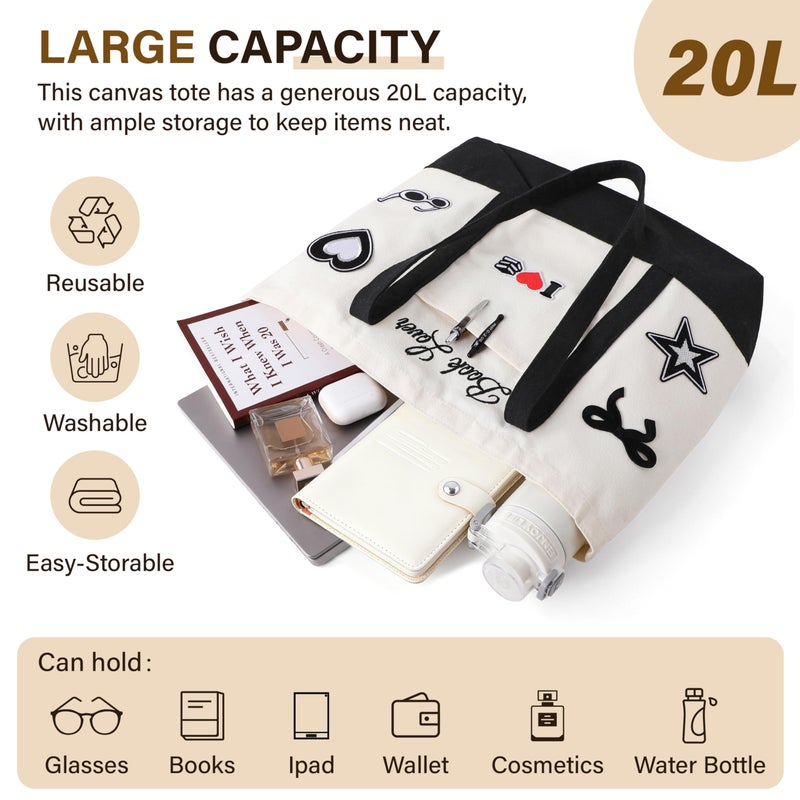 Vane Oak Canvas Tote Bag for Women, Book Lover Tote Bag with 5 Embroidery Patches Large Reusable Grocery Shopping Bag with Front Pockets DIY Your Creative Designs for Bookish Readers - Image 4
