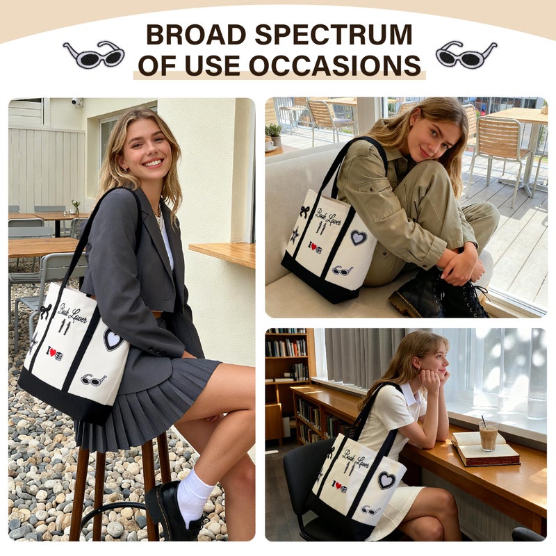 Vane Oak Canvas Tote Bag for Women, Book Lover Tote Bag with 5 Embroidery Patches Large Reusable Grocery Shopping Bag with Front Pockets DIY Your Creative Designs for Bookish Readers - Image 2