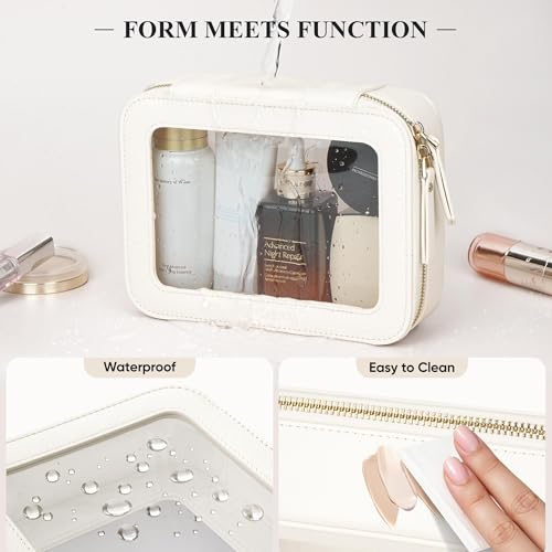 MSTONAL Clear Makeup Bag, Travel Toiletry Bag Cosmetic Case for Women, Waterproof Portable Make Up Skincare Pouch with Zipper, Compact Car Organizer Bag for Essentials, Medium Size, Ivory White - Image 4