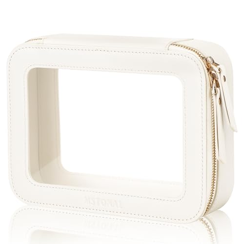 MSTONAL Clear Makeup Bag, Travel Toiletry Bag Cosmetic Case for Women, Waterproof Portable Make Up Skincare Pouch with Zipper, Compact Car Organizer Bag for Essentials, Medium Size, Ivory White - Image 1