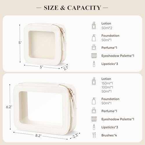 MSTONAL Clear Makeup Bag, Travel Toiletry Bag Cosmetic Case for Women, Waterproof Portable Make Up Skincare Pouch with Zipper, Compact Car Organizer Bag for Essentials, Medium Size, Ivory White - Image 2