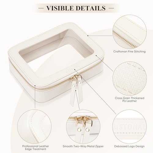 MSTONAL Clear Makeup Bag, Travel Toiletry Bag Cosmetic Case for Women, Waterproof Portable Make Up Skincare Pouch with Zipper, Compact Car Organizer Bag for Essentials, Medium Size, Ivory White - Image 3